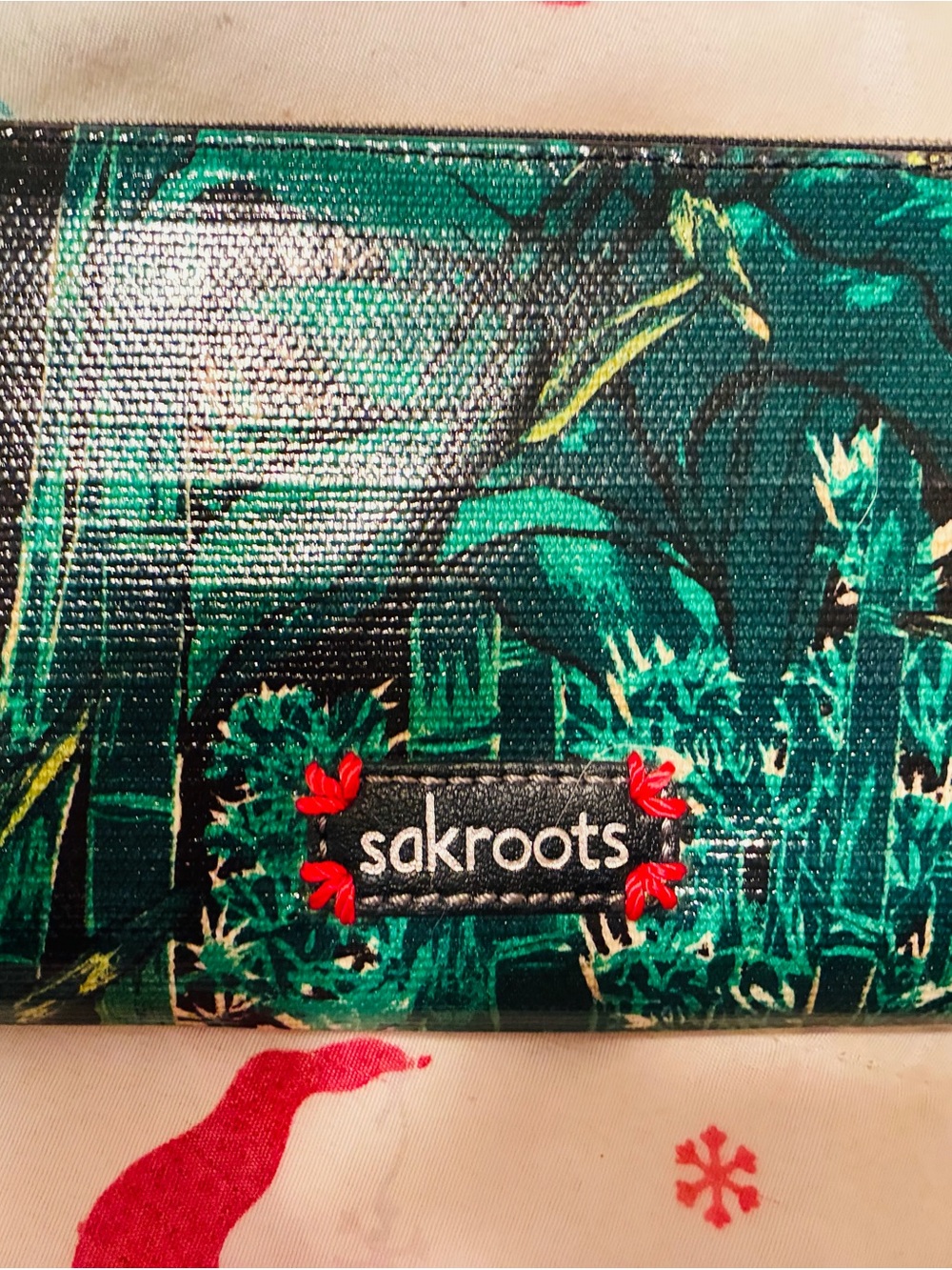 Sakroots Teal Green Botanical Wallet with Red Accents